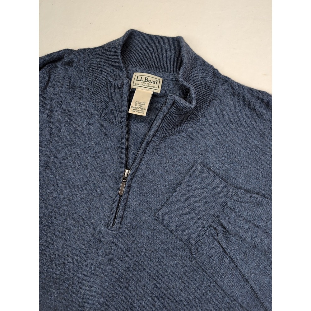 LL Bean‎ Men's XL-Tall Blue Cotton Cashmere 1/4 Zip Long Sleeve Pullover Golf
